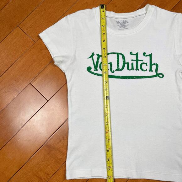 Y2K Von Dutch Logo Graphic Baby Tee White Green Babydoll T Shirt Vintage - Picture 14 of 15
